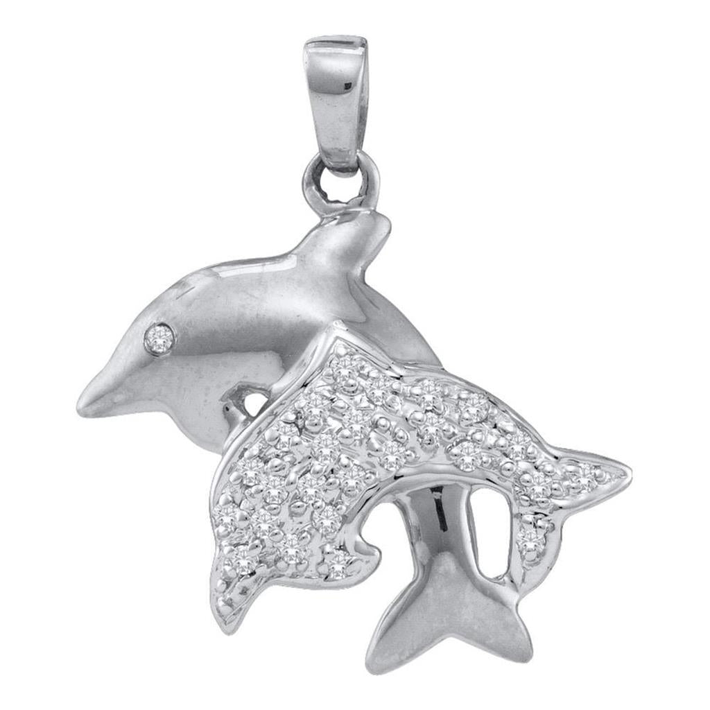 14k White Gold Round Diamond Double Dolphin Fish Animal Pendant 1/8 Cttw