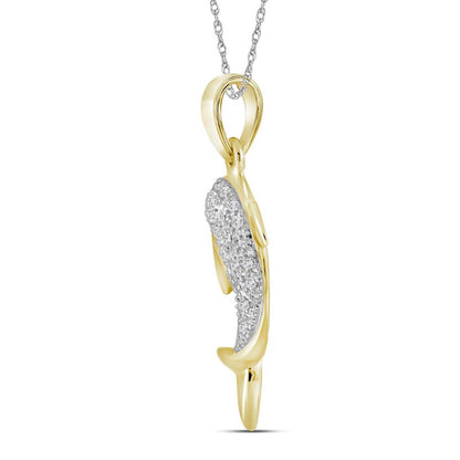10k Yellow Gold Round Diamond Dolphin Nautical Animal Pendant 1/10 Cttw
