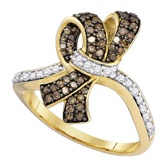 10k Yellow Gold Round Brown Diamond Knot Bow Ring 1/2 Cttw