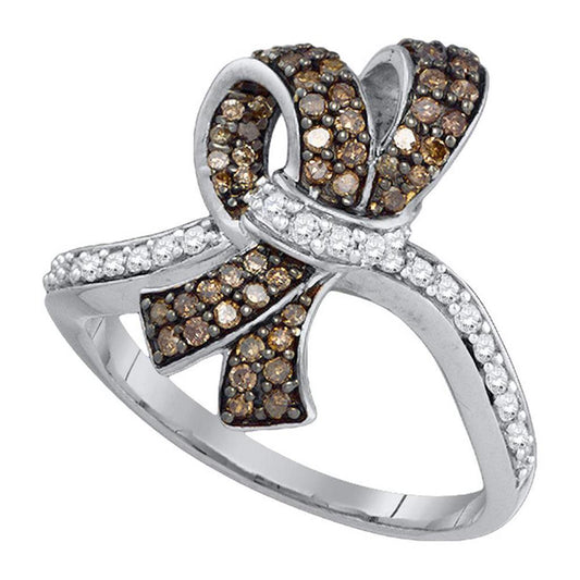 14k White Gold Round Brown Diamond Knot Bow Ring 1/2 Cttw