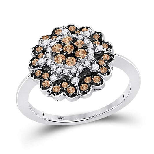 14k White Gold Round Brown Diamond Flower Cluster Ring 5/8 Cttw