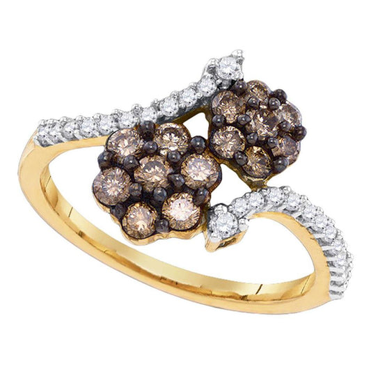 10k Yellow Gold Round Brown Diamond Flower Cluster Ring 3/4 Cttw