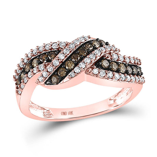 10k Rose Gold Round Brown Diamond Crossover Band Ring 3/4 Cttw