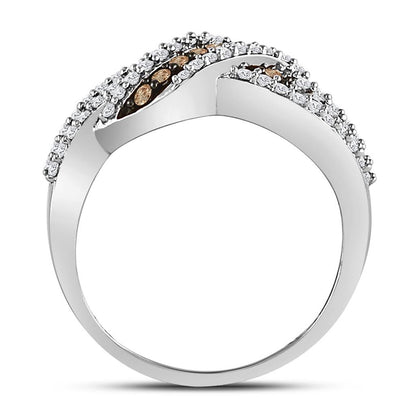 14k White Gold Round Brown Diamond Crossover Band Ring 3/4 Cttw