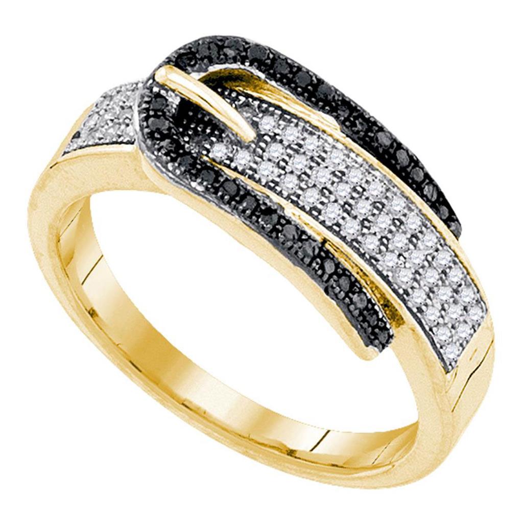 10k Yellow Gold Black Diamond Belt Buckle Band Ring 1/4 Cttw