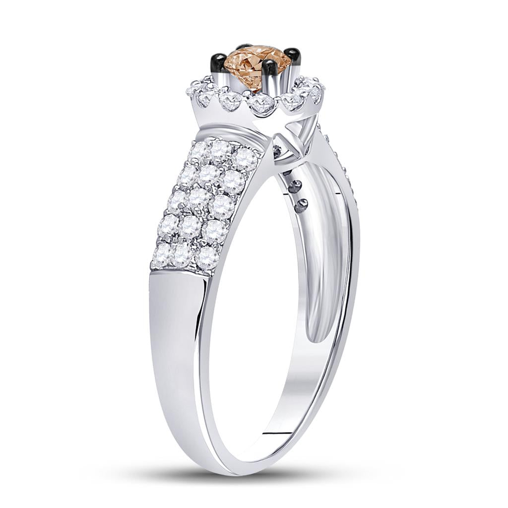 14k White Gold Round Brown Diamond Solitaire Halo Engagement Ring 3/4 Cttw