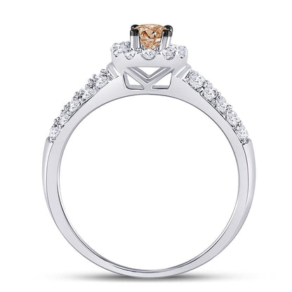 14k White Gold Round Brown Diamond Solitaire Halo Engagement Ring 3/4 Cttw