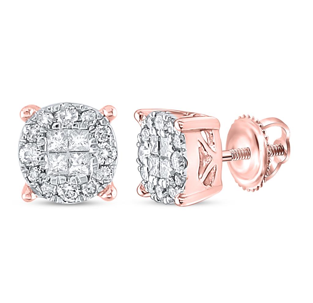 14k Rose Gold Princess Round Diamond Fashion Cluster Earrings 1/4 Cttw