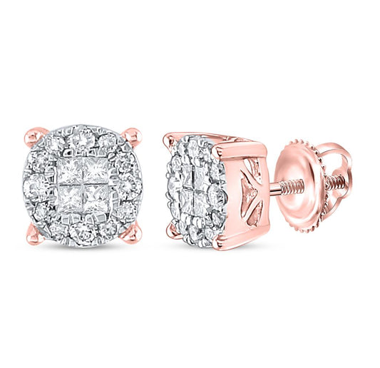 14k Rose Gold Princess Round Diamond Fashion Cluster Earrings 1/4 Cttw