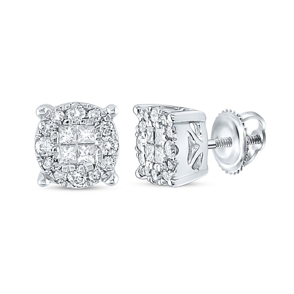 14k White Gold Princess Diamond Fashion Cluster Earrings 1/4 Cttw