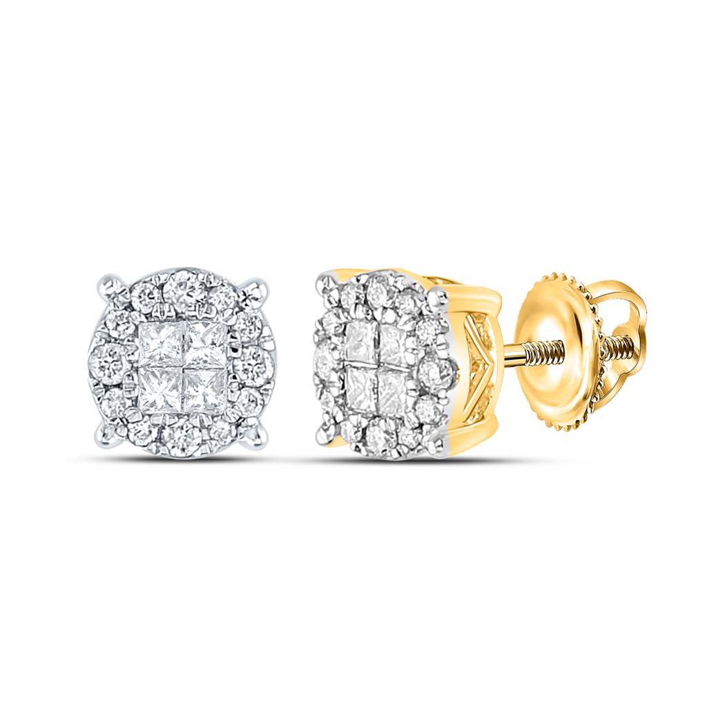 14k Yellow Gold Princess Round Diamond Cluster Earrings 1/2 Cttw