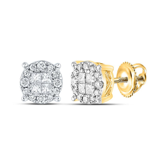 14k Yellow Gold Princess Round Diamond Cluster Earrings 1/2 Cttw