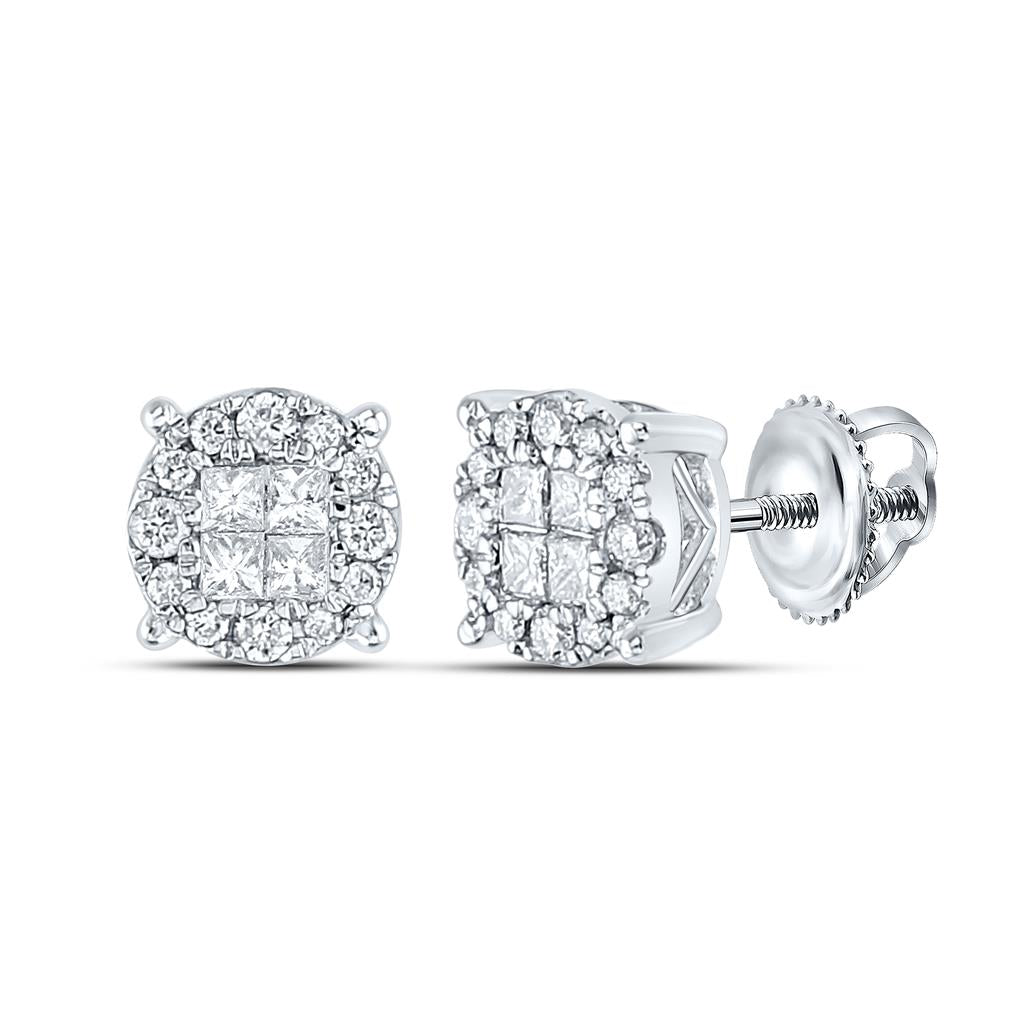 14k White Gold Princess Diamond Fashion Cluster Earrings 1/2 Cttw