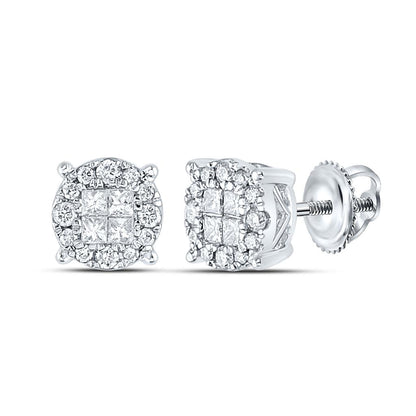 14k White Gold Princess Diamond Fashion Cluster Earrings 1/2 Cttw