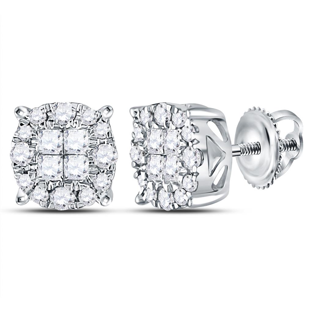 14k White Gold Princess Diamond Fashion Cluster Earrings 1/2 Cttw