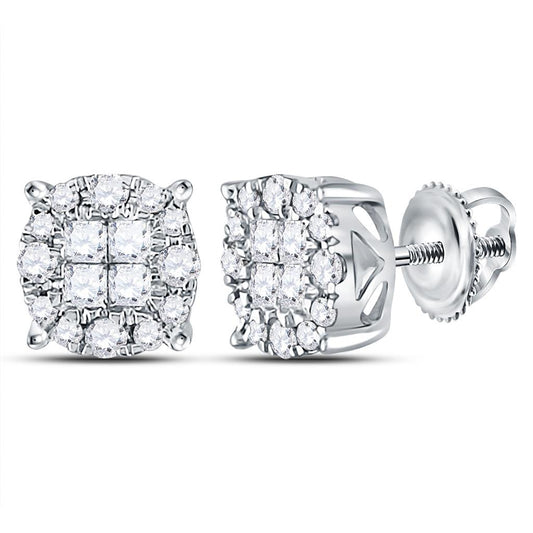 14k White Gold Princess Diamond Fashion Cluster Earrings 1/2 Cttw
