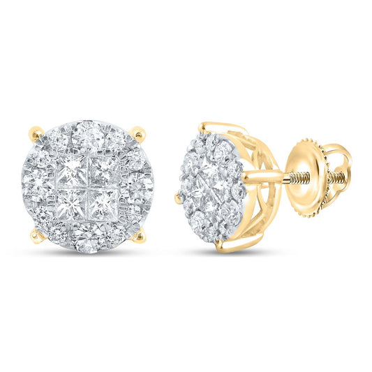 14k Yellow Gold Princess Round Diamond Cluster Earrings 1 Cttw