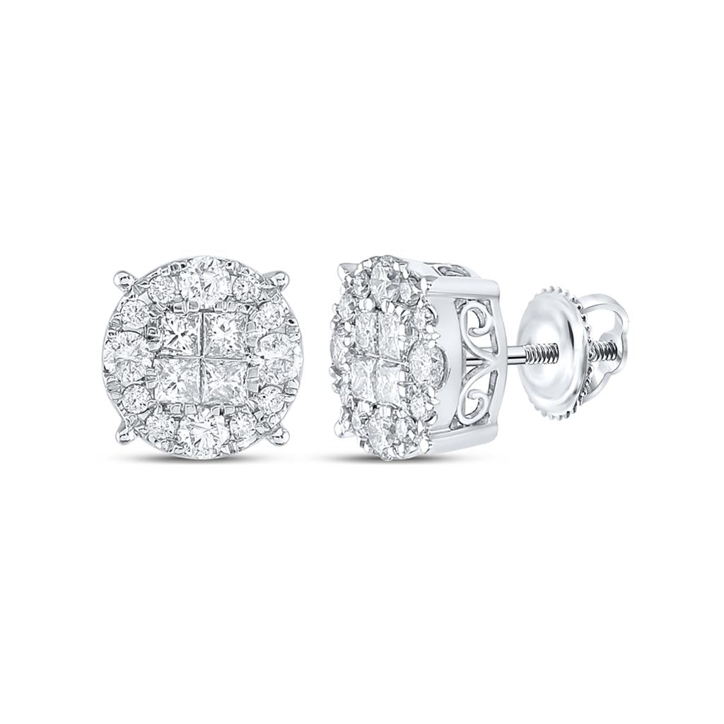 14k White Gold Princess Diamond Fashion Cluster Earrings 1-1/2 Cttw