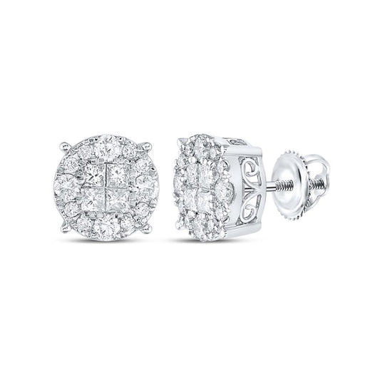 14k White Gold Princess Diamond Fashion Cluster Earrings 1-1/2 Cttw