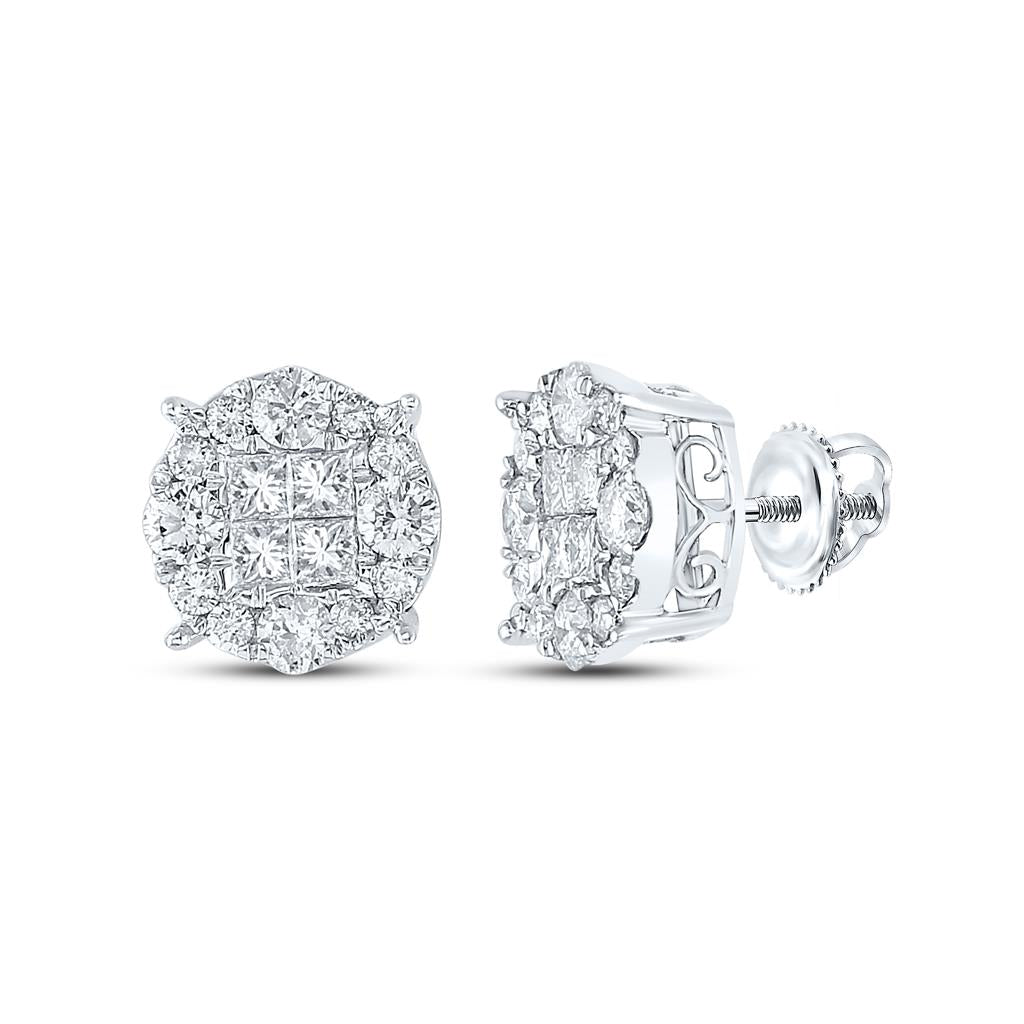 14k White Gold Princess Round Diamond Cluster Earrings 2 Cttw