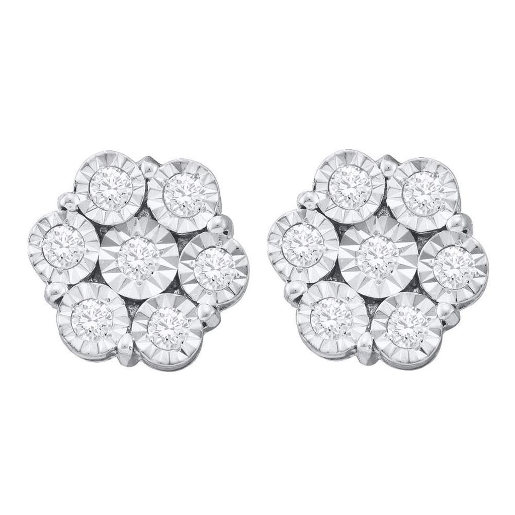 14k White Gold Round Illusion-set Diamond Flower Cluster Earrings 1 Cttw
