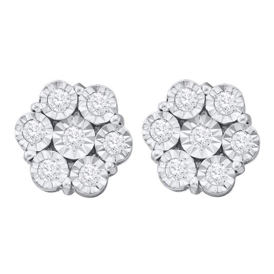 14k White Gold Round Illusion-set Diamond Flower Cluster Earrings 1 Cttw