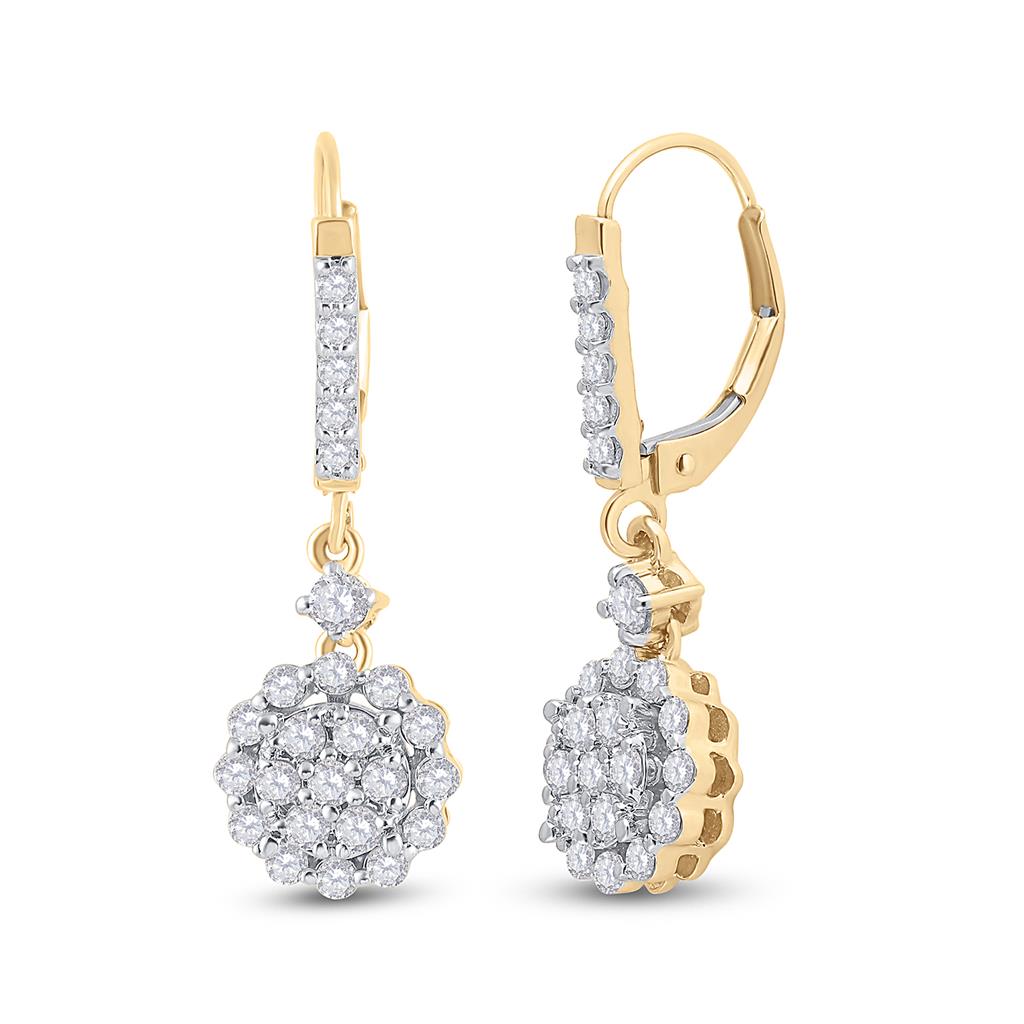14k Yellow Gold Round Diamond Flower Cluster Dangle Earrings 1 Cttw