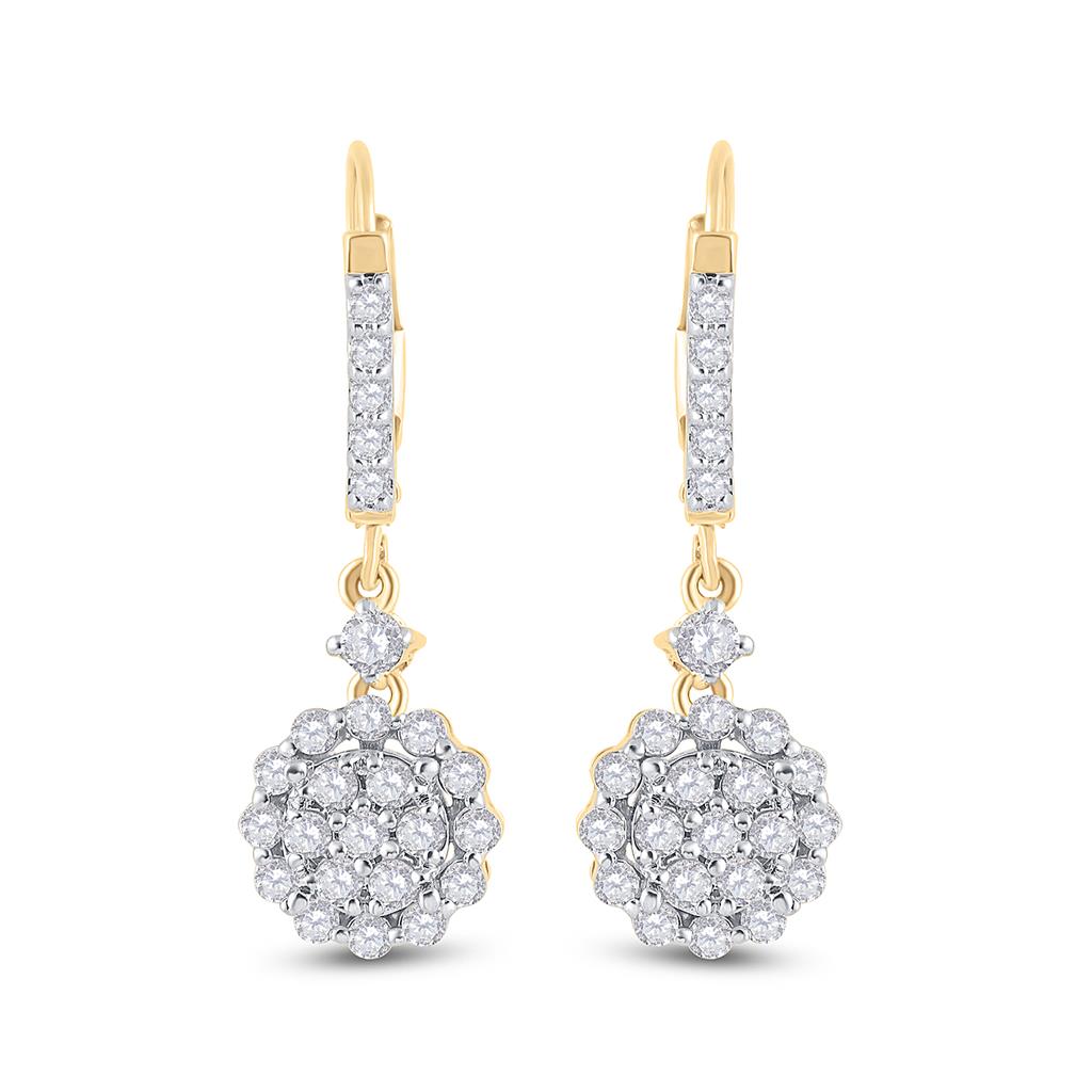 14k Yellow Gold Round Diamond Flower Cluster Dangle Earrings 1 Cttw