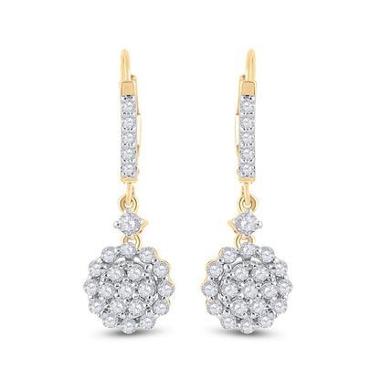 14k Yellow Gold Round Diamond Flower Cluster Dangle Earrings 1 Cttw