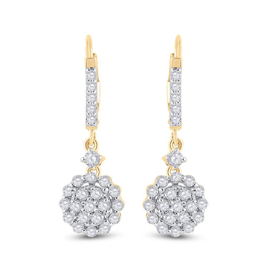14k Yellow Gold Round Diamond Flower Cluster Dangle Earrings 1 Cttw