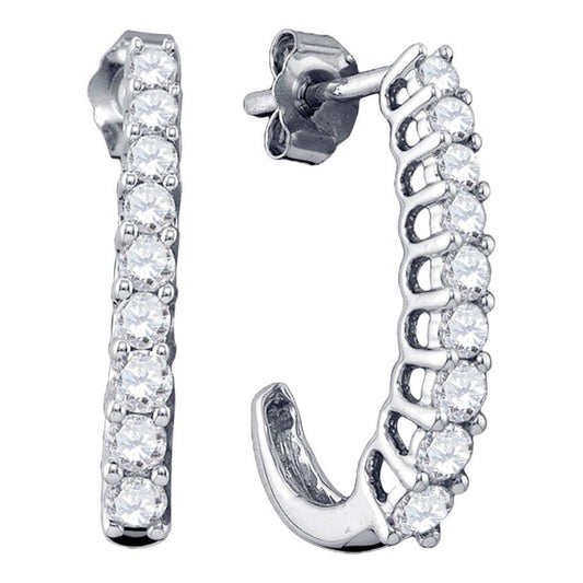 14k White Gold Round Diamond Half J Hoop Earrings 1 Cttw