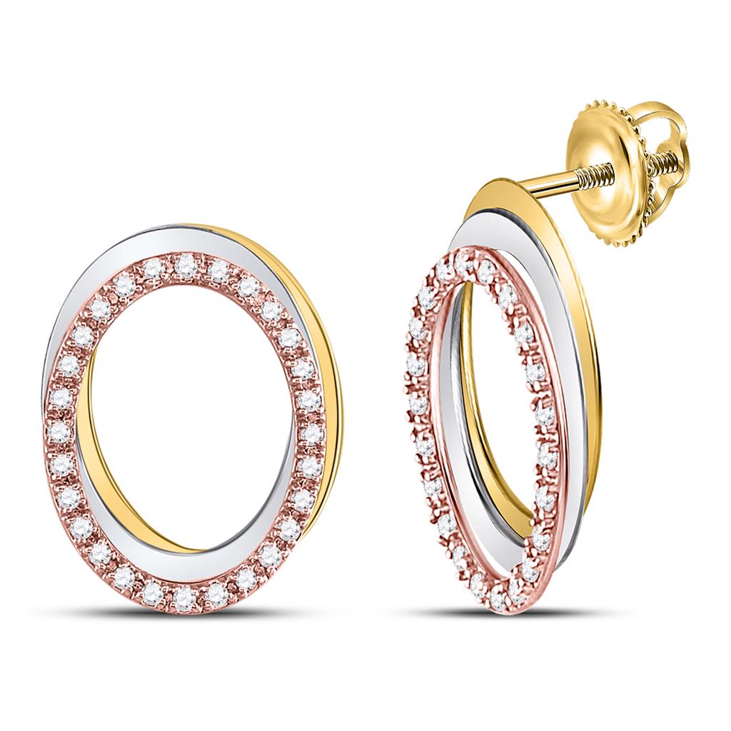 10kt Tri-Tone Gold Round Diamond Oval Stud Earrings 1/5 Cttw