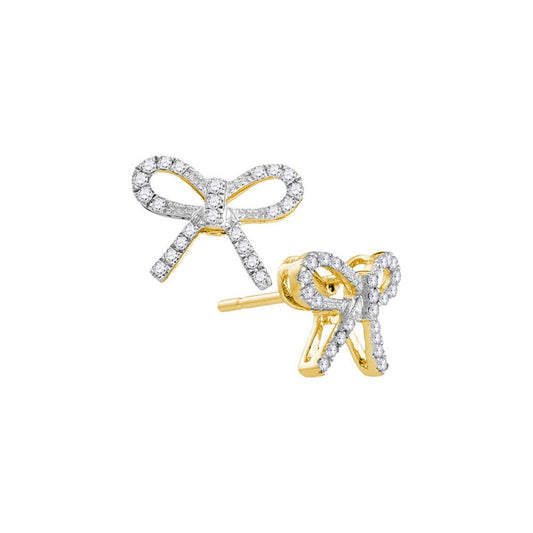 10k Yellow Gold Round Diamond Ribbon Bow Fashion Earrings 1/5 Cttw