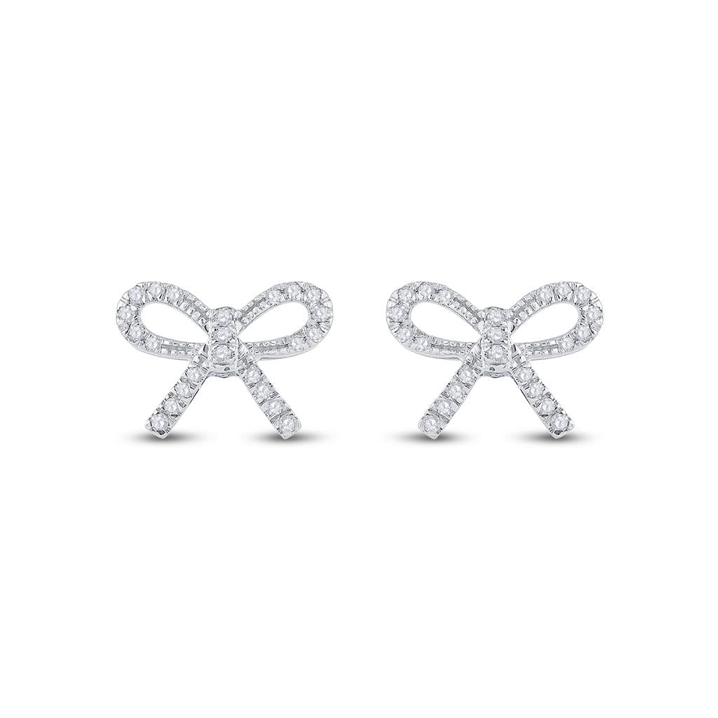 14k White Gold Round Diamond Ribbon Bow Fashion Earrings 1/5 Cttw