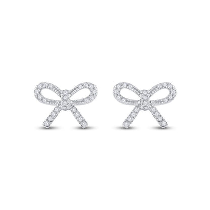 14k White Gold Round Diamond Ribbon Bow Fashion Earrings 1/5 Cttw