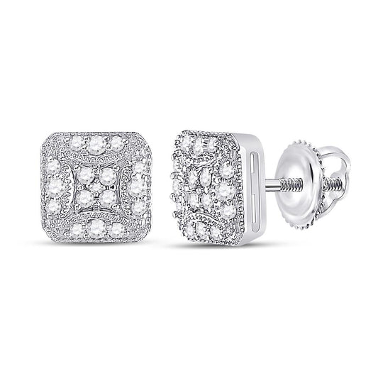 14k White Gold Round Diamond Beaded Square Cluster Earrings 1/4 Cttw