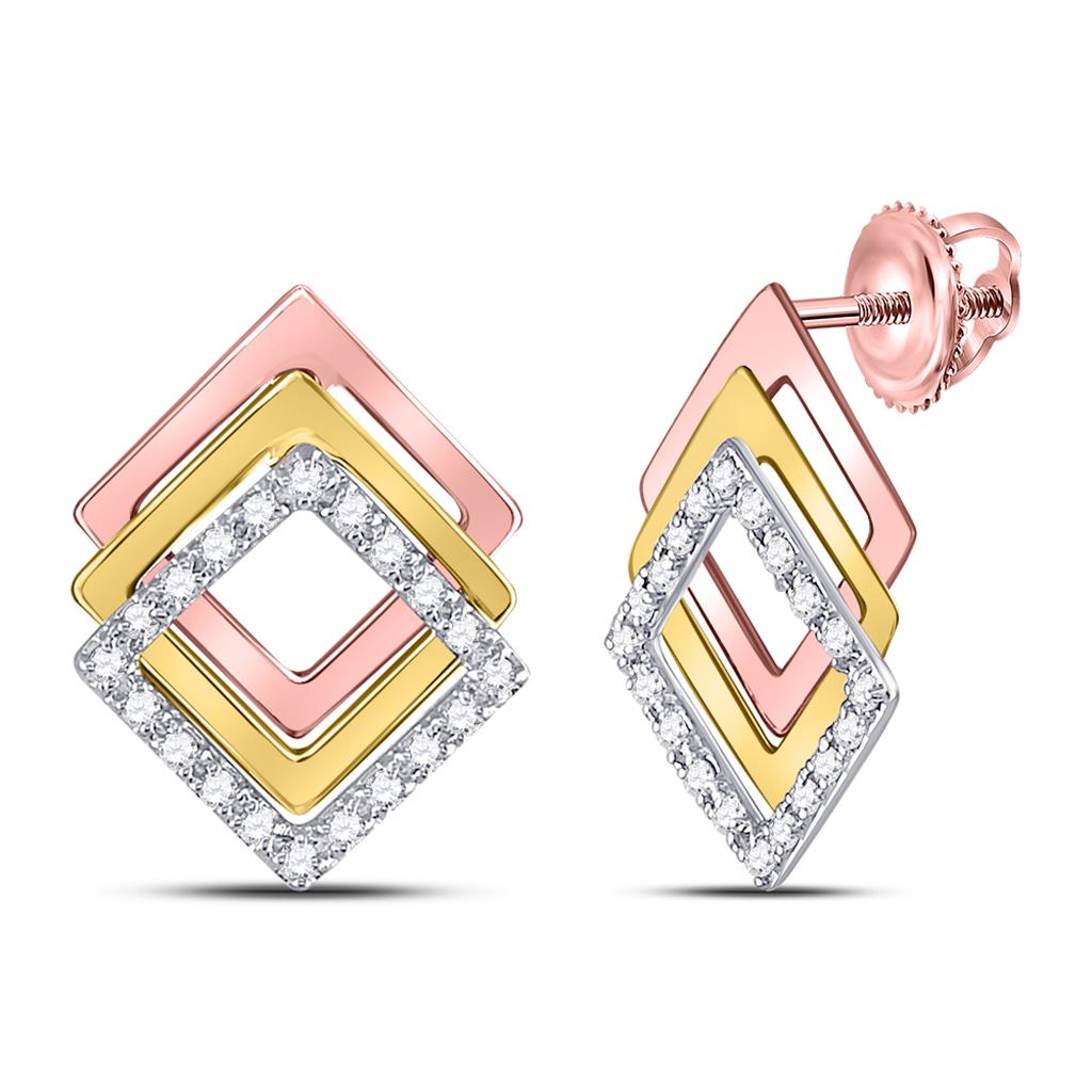 10k Tri-Tone Gold Round Diamond Offset Square Earrings 1/6 Cttw