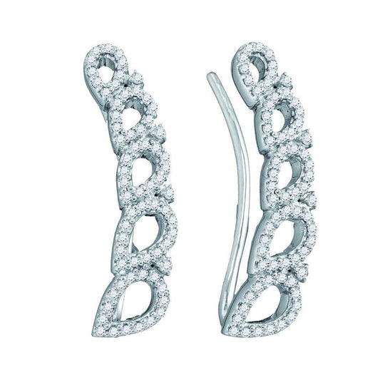 14k White Gold Round Diamond Curved Teardrop Climber Earrings 1/3 Cttw