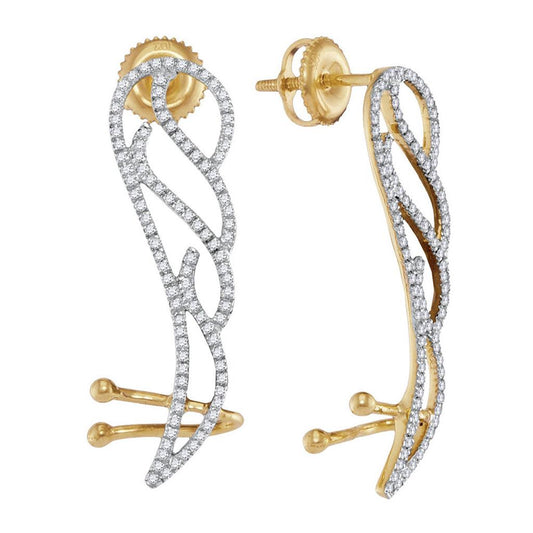 10k Yellow Gold Round Diamond Angel Wing Climber Earrings 1/3 Cttw