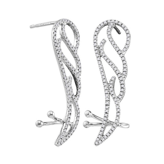 14k White Gold Round Diamond Angel Wing Climber Earrings 1/3 Cttw