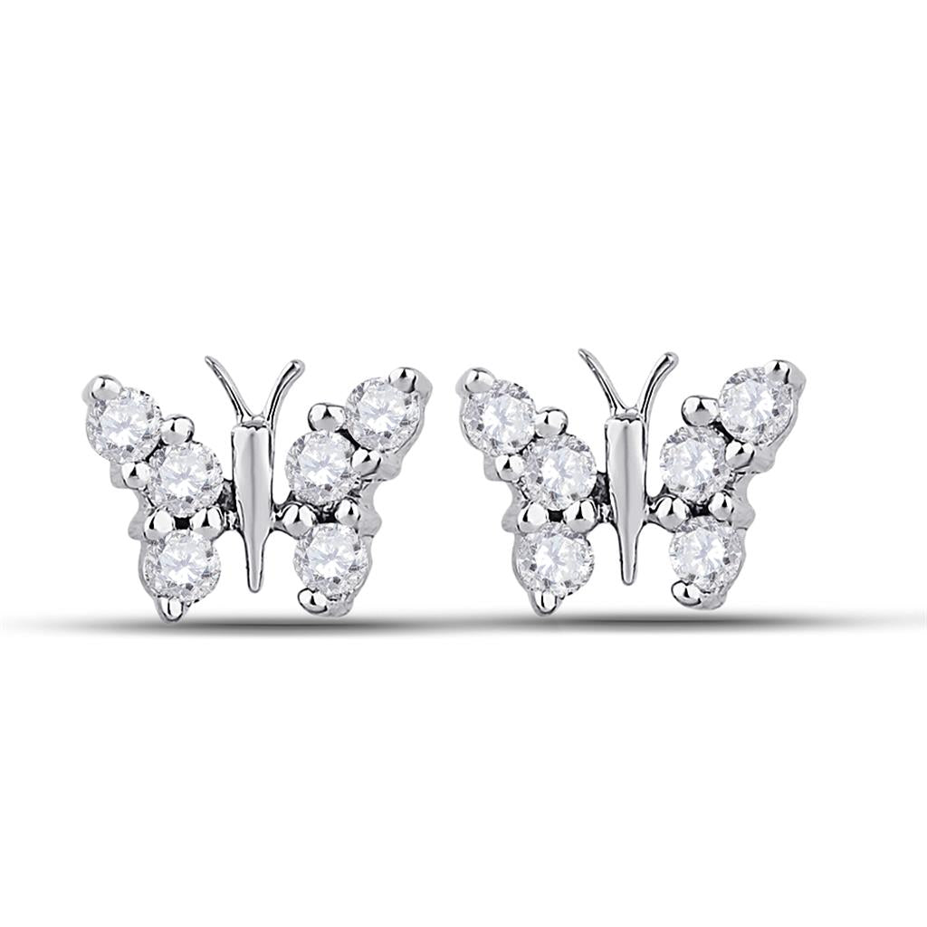 14k White Gold Round Diamond Butterfly Bug Earrings 1/5 Cttw