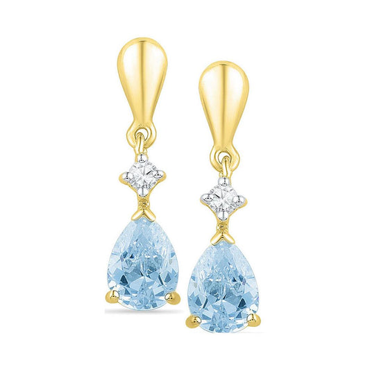 10k Yellow Gold Created Blue Swiss Topaz Diamond Dangle Earrings 1-3/4 Cttw