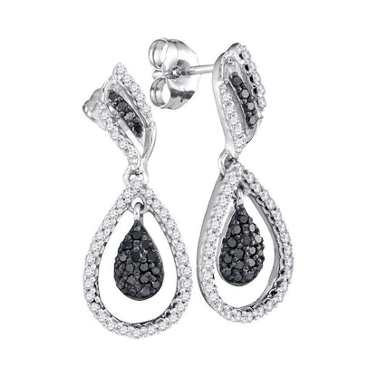 14k White Gold Round Black Diamond Dangle Earrings 1/2 Cttw