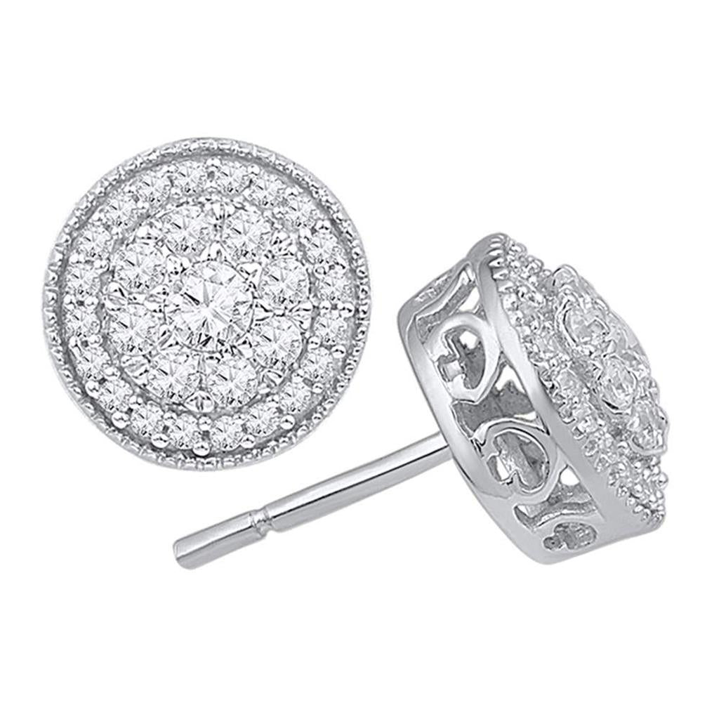 14k White Gold Round Diamond Flower Cluster Earrings 1/2 Cttw