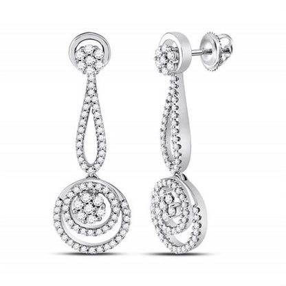 14k White Gold Round Diamond Circle Cluster Dangle Earrings 1 Cttw