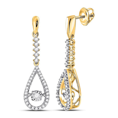 14k White Gold Round Diamond Moving Twinkle Teardrop Dangle Earrings 1/5 Cttw