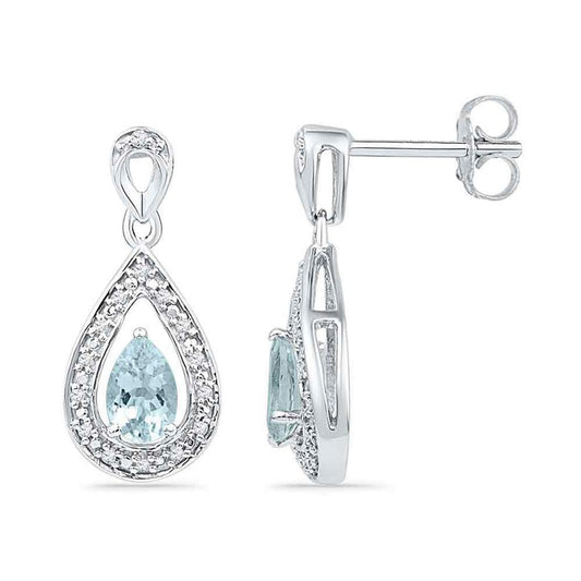 14k White Gold Diamond Created Aquamarine Teardrop Dangle Earrings 5/8 Cttw
