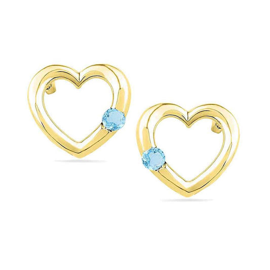 10k Yellow Gold Round Created Blue Topaz Heart Earrings 1/8 Cttw