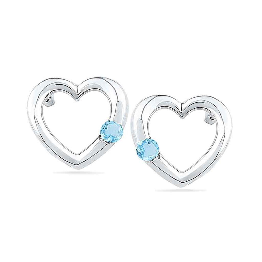 14k White Gold Round Created Blue Topaz Heart Earrings 1/8 Cttw