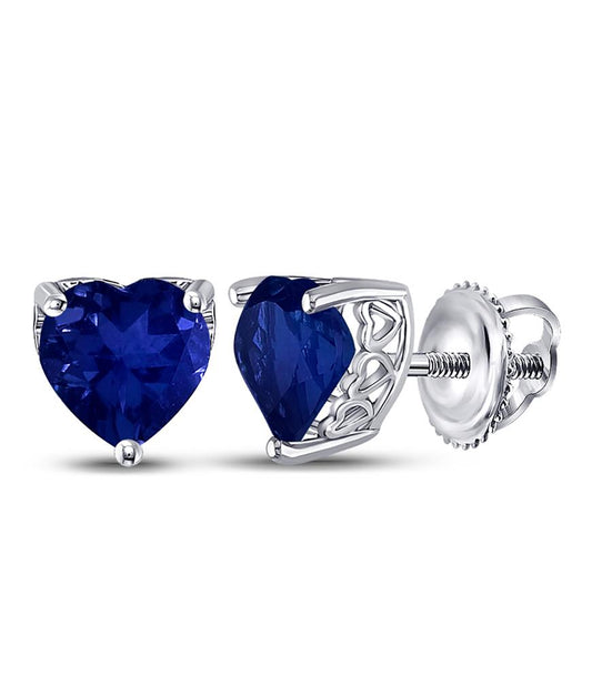 14k White Gold Heart Created Blue Sapphire Solitaire Earrings 7 Cttw
